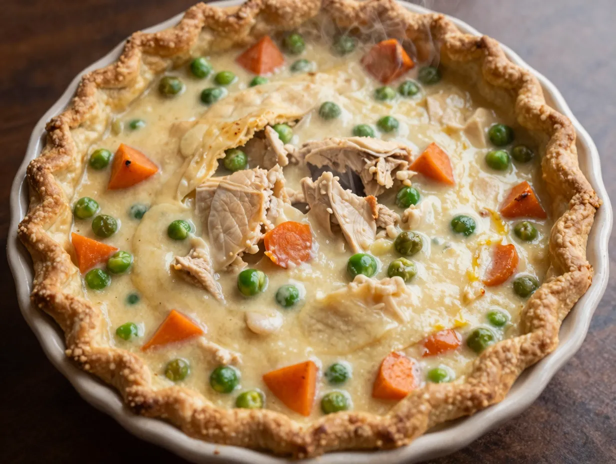 A golden flaky crust covering a chicken pot pie filling
