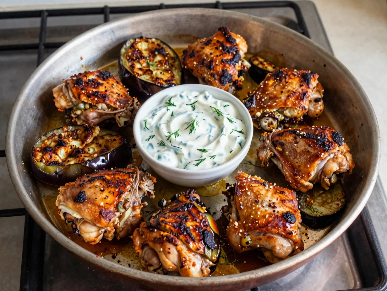 Keto chicken and eggplant sheet pan with tzatziki