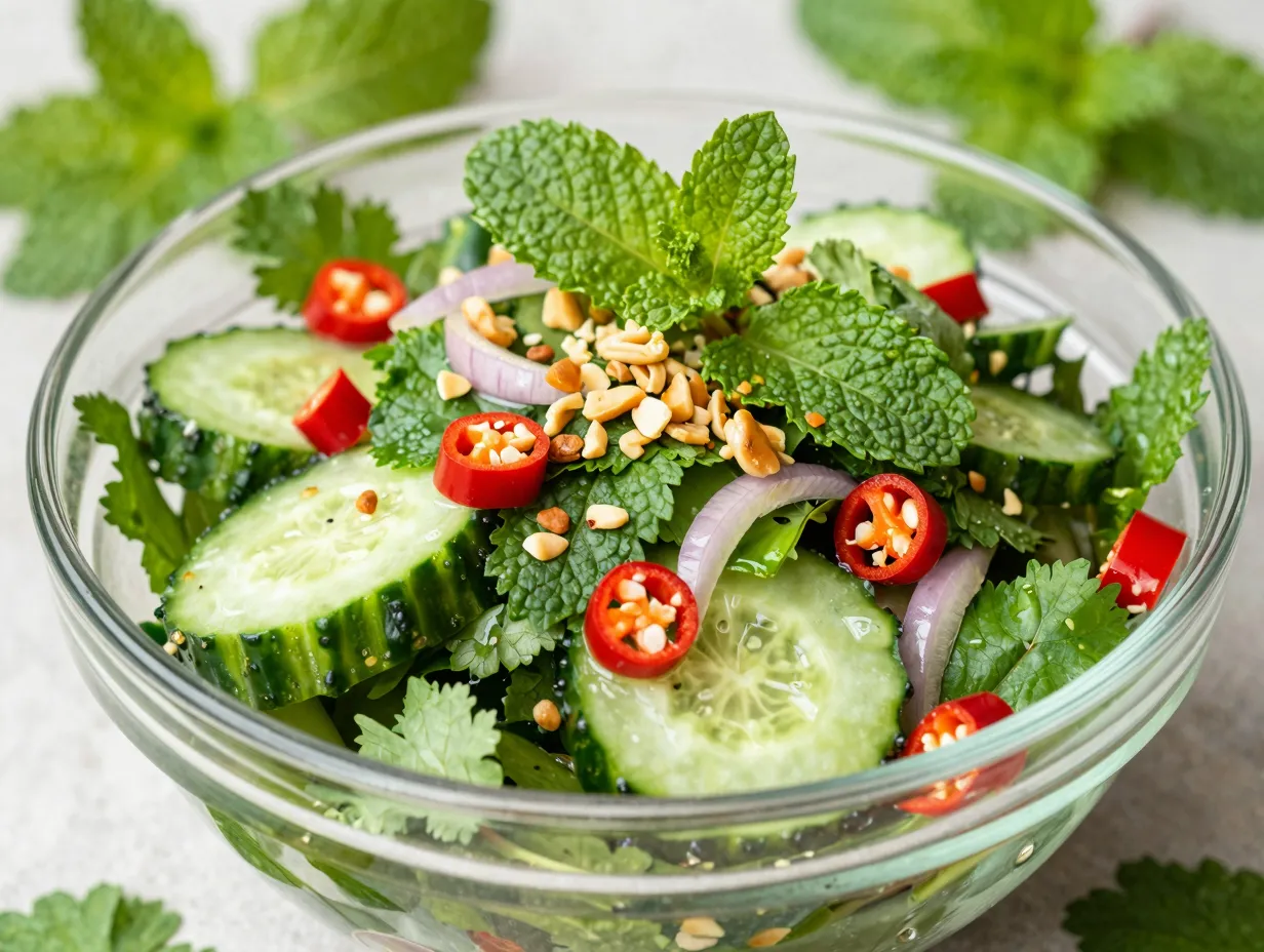 Thai inspired spicy cucumber salad with fish sauce and lime