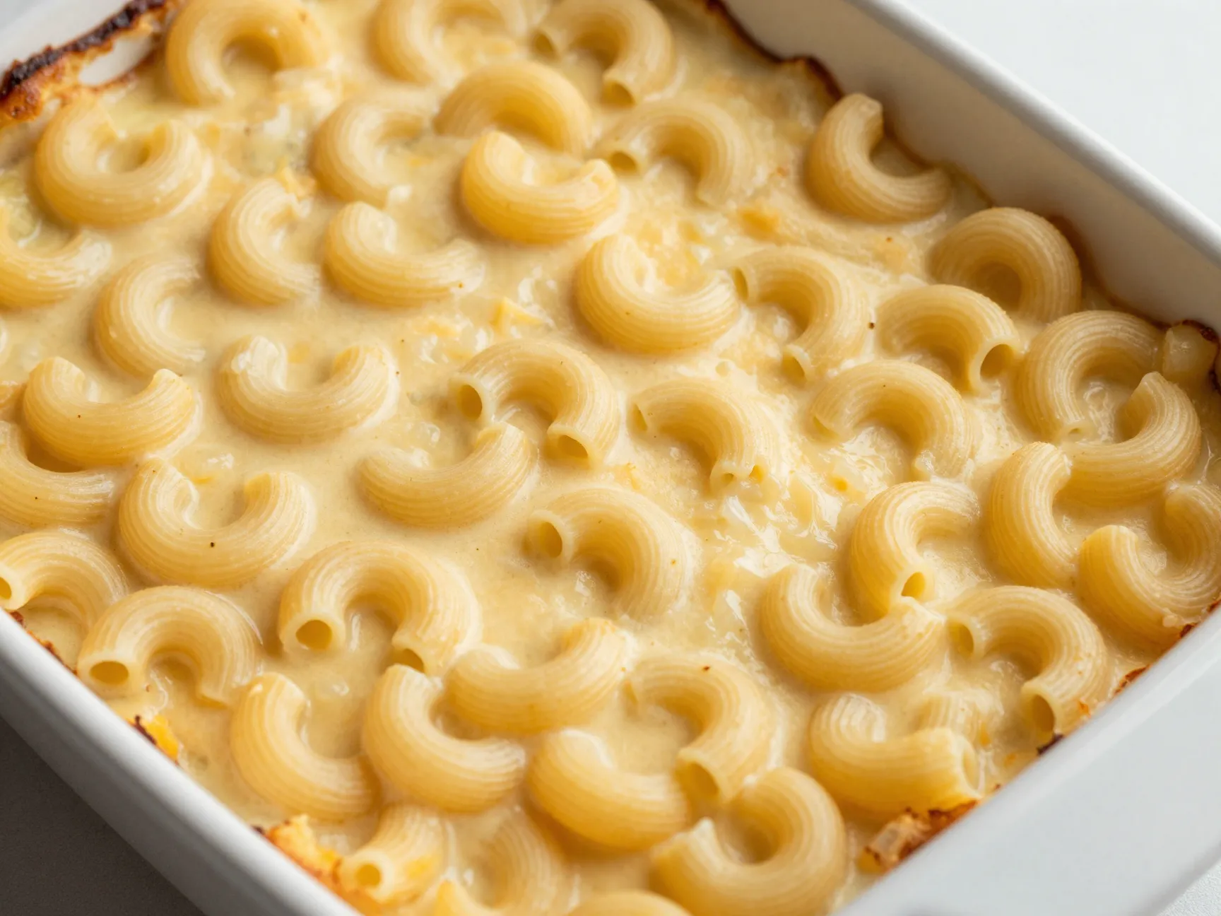 A baking dish of no boil macaroni and cheese forming a crust