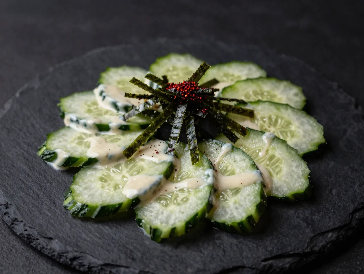 Japanese inspired spicy cucumber salad with miso and togarashi