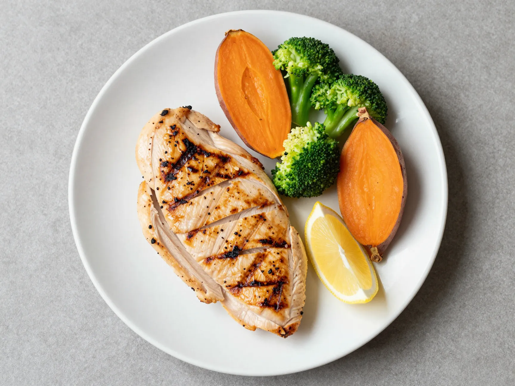 Grilled chicken breast sweet potato broccoli plate composition