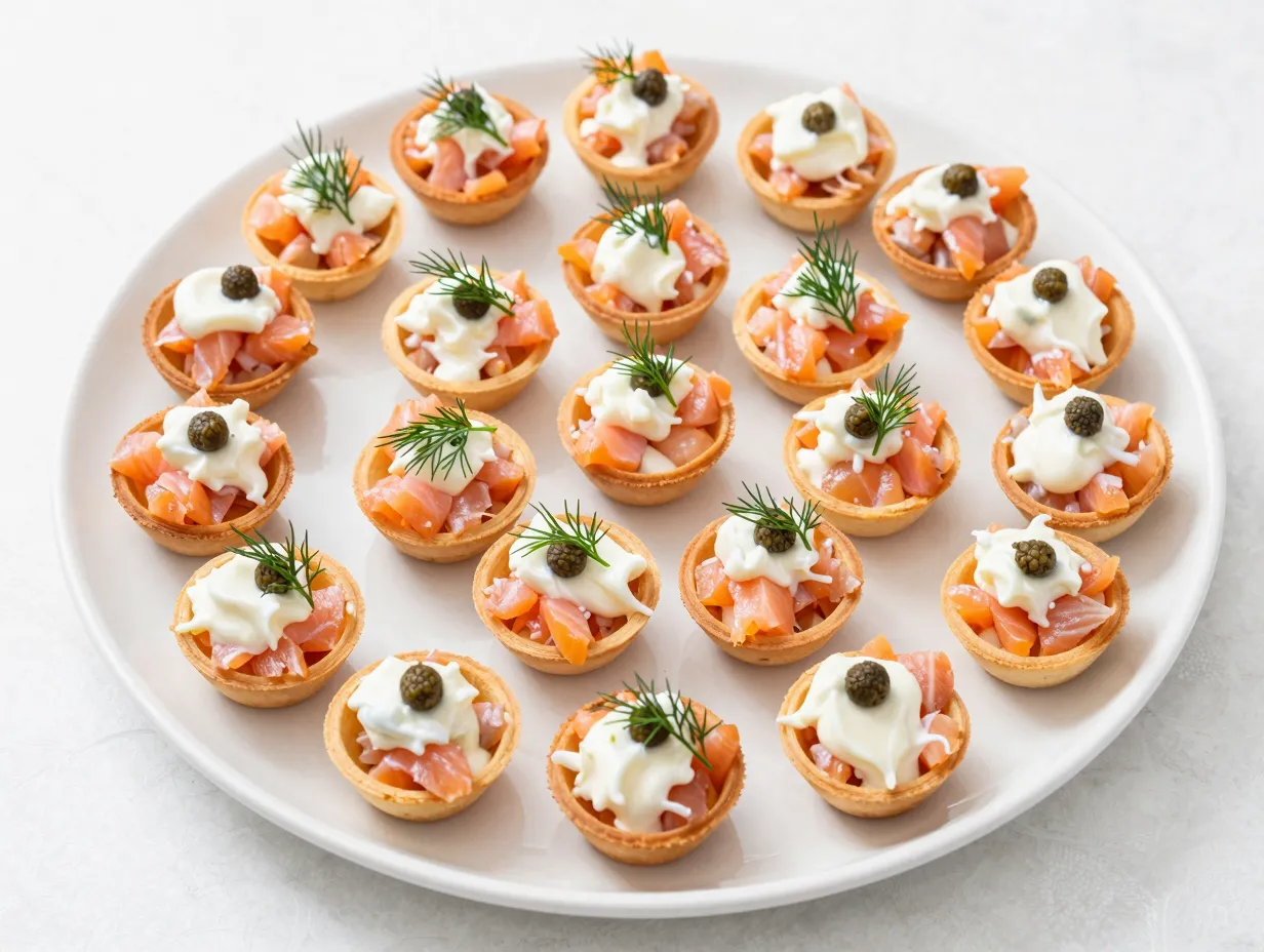 Phyllo shell canapes with smoked salmon and sour cream