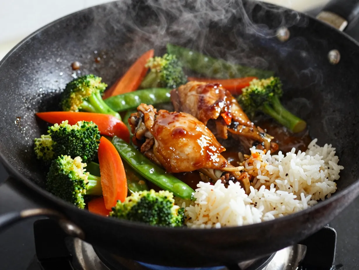Chicken thigh stir fry with vegetables over rice