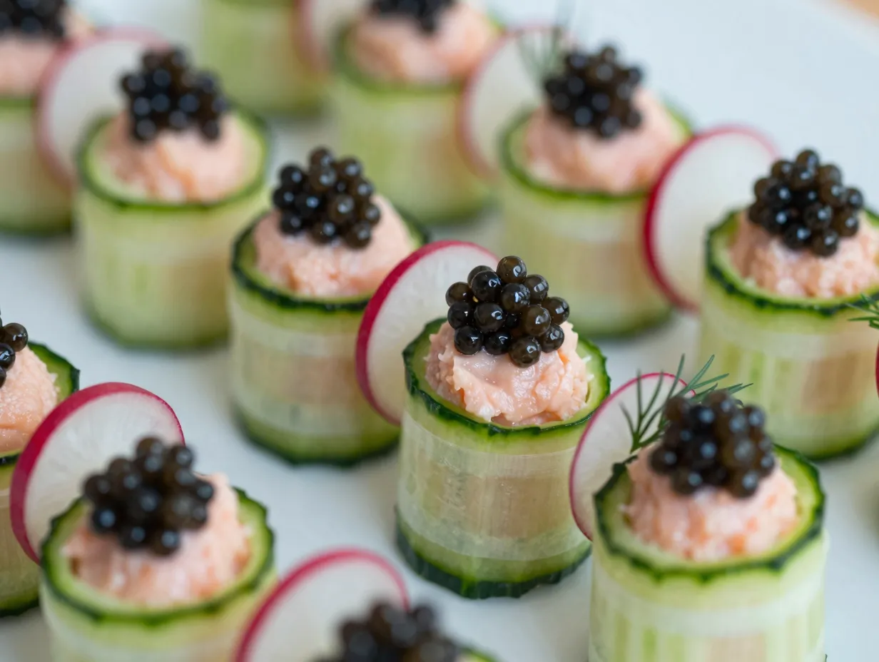 Cucumber roll canapes with smoked salmon mousse and caviar