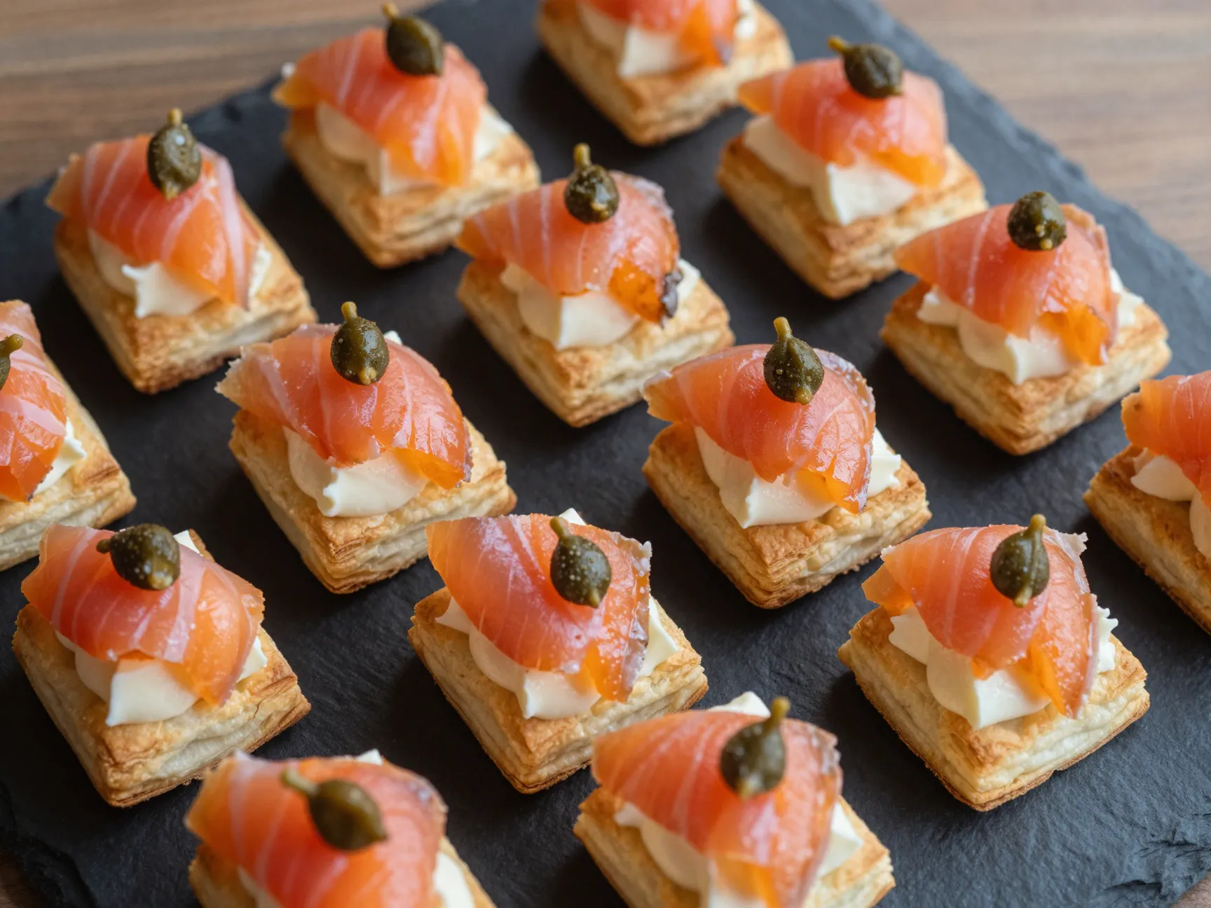 Puff pastry canapes with creme fraiche and capers
