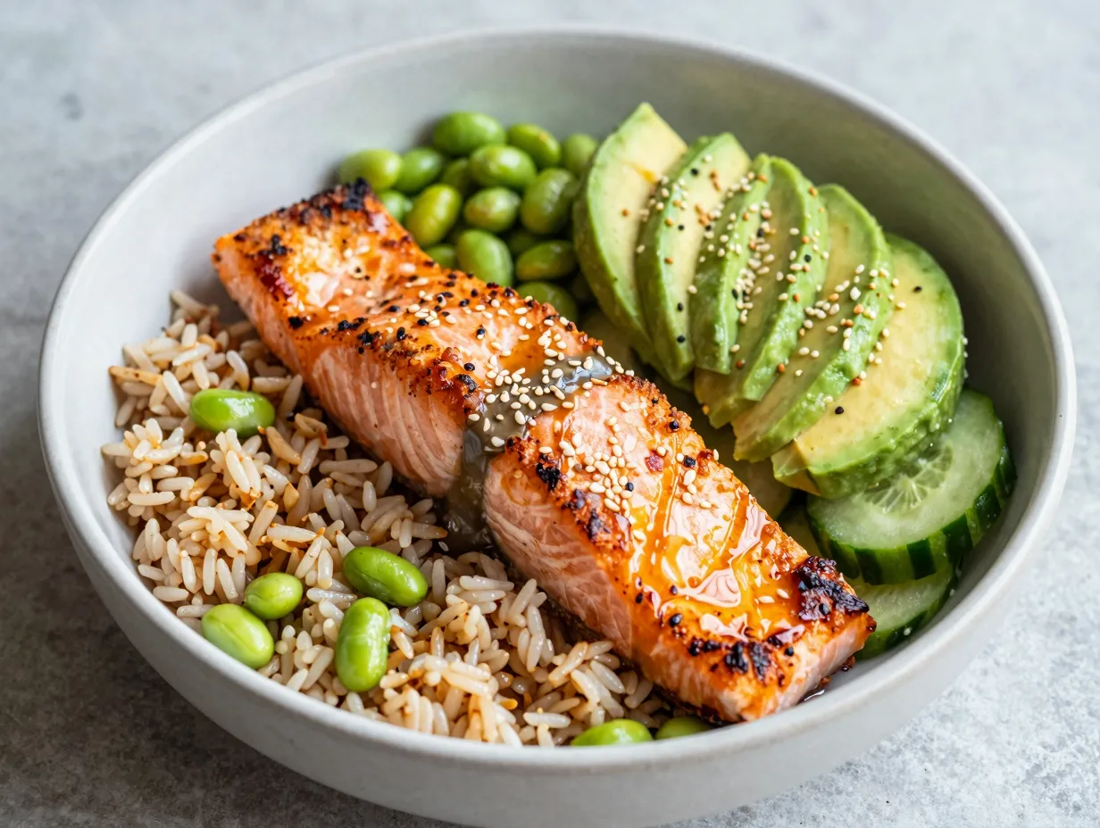 Baked salmon fillet bowl with edamame avocado