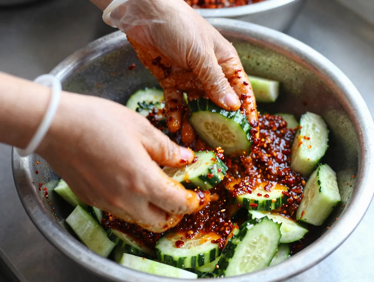 Combine cucumbers and seasoning paste