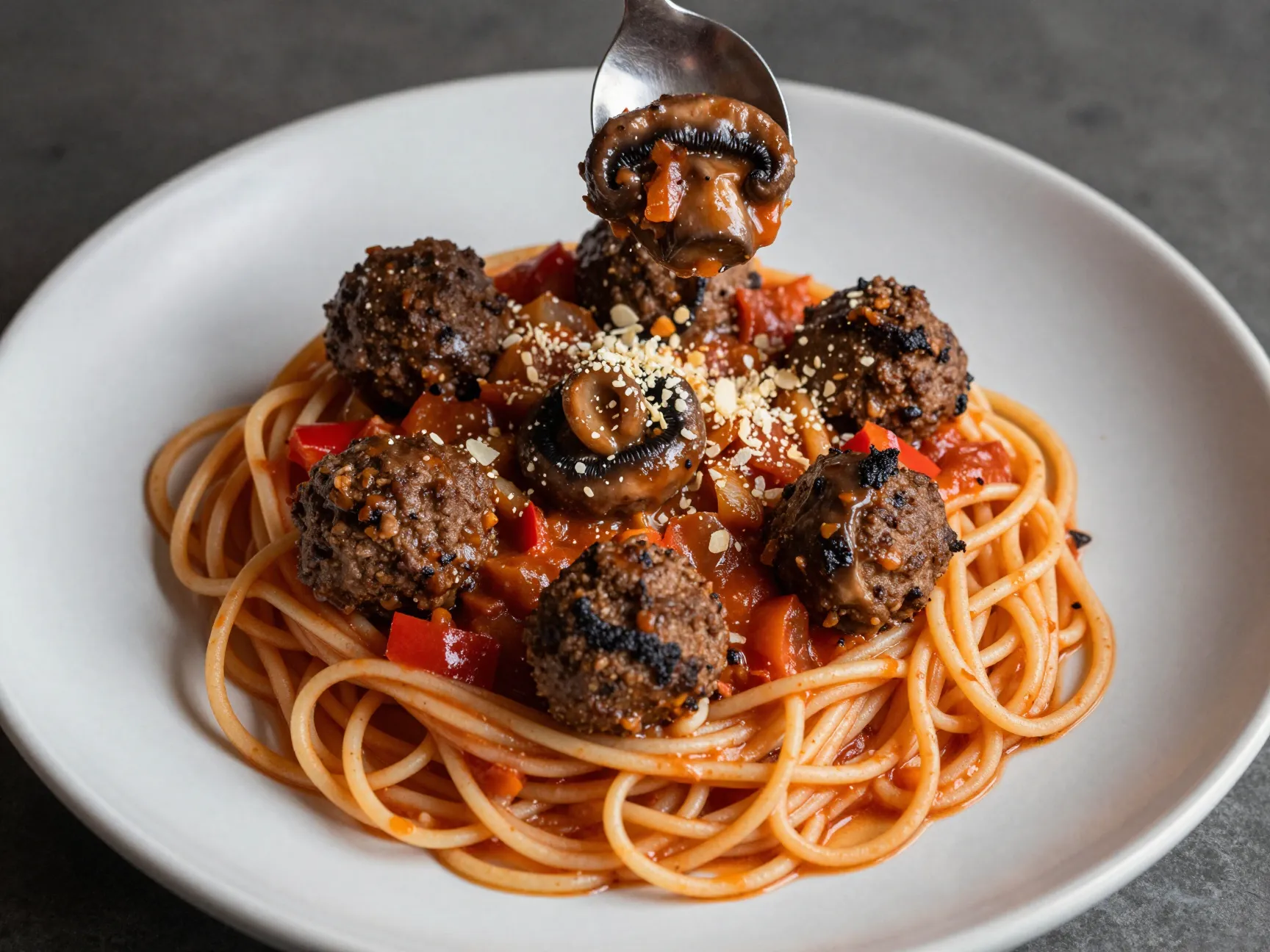 Crockpot vegetarian spaghetti with mushroom meatless balls