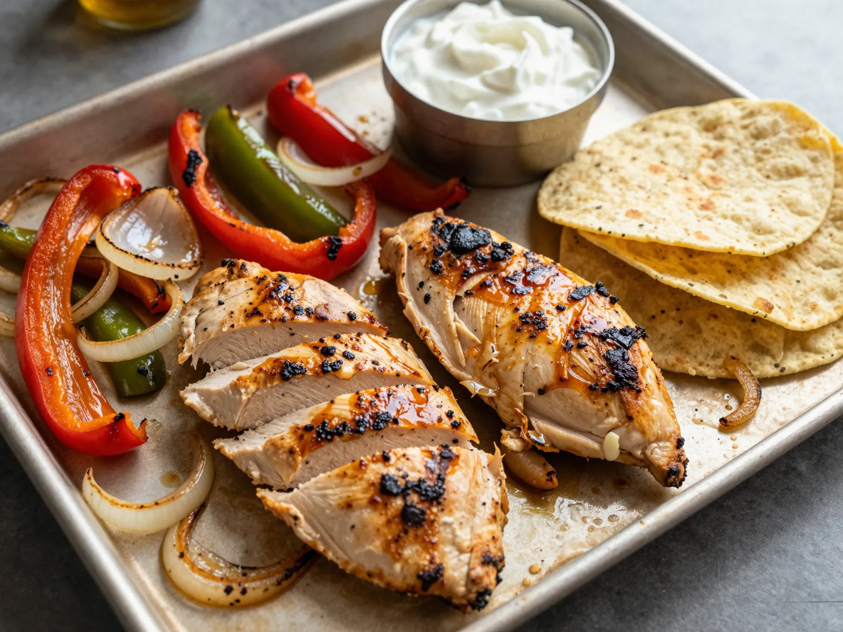Sheet pan roasted chicken peppers onions fajitas
