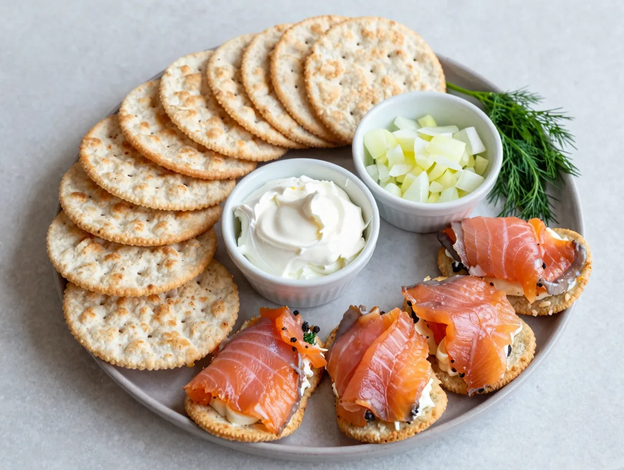 Water cracker canapes with smoked salmon and sweet onion