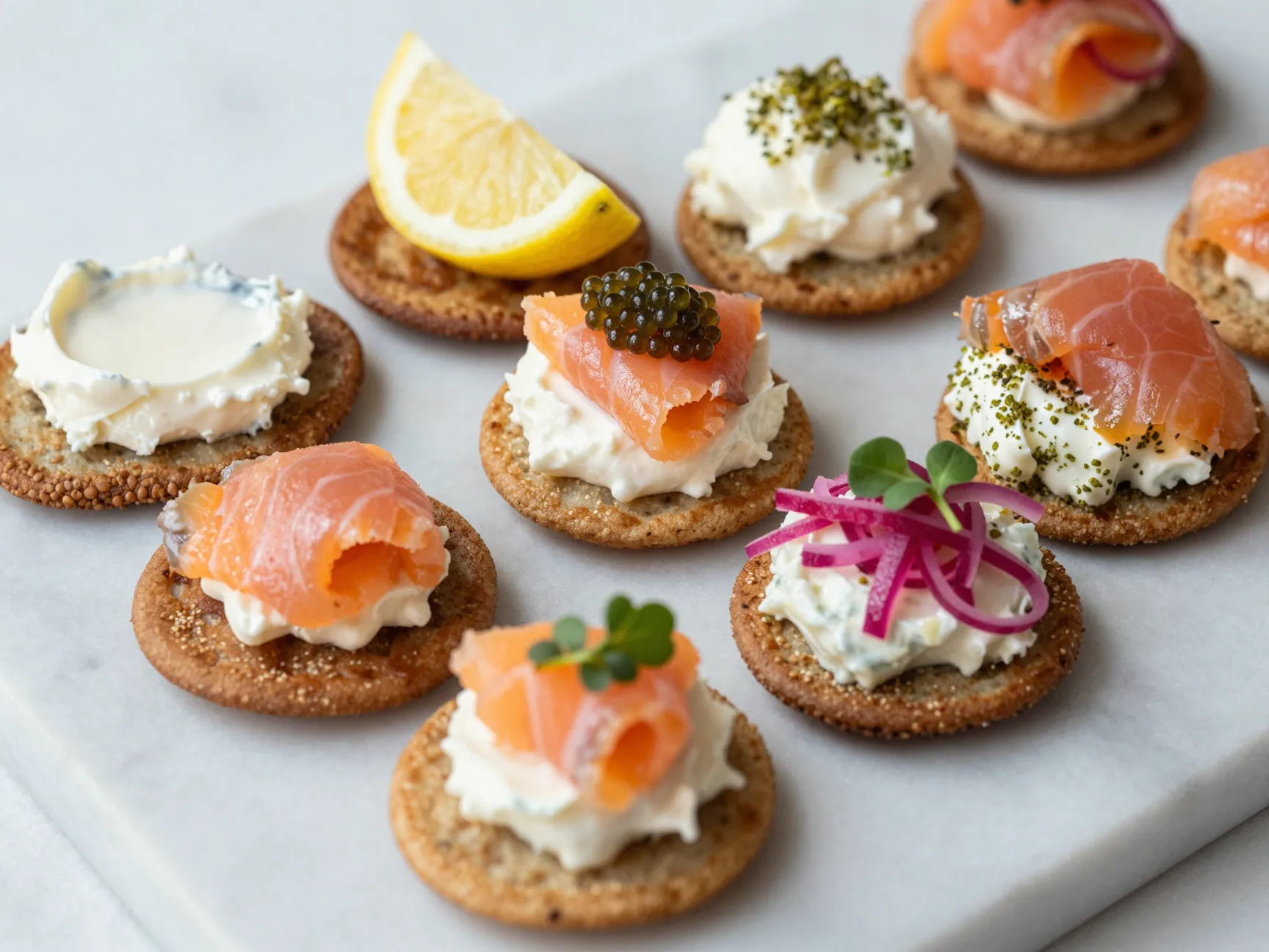 Blini canapes with cream cheese and smoked salmon