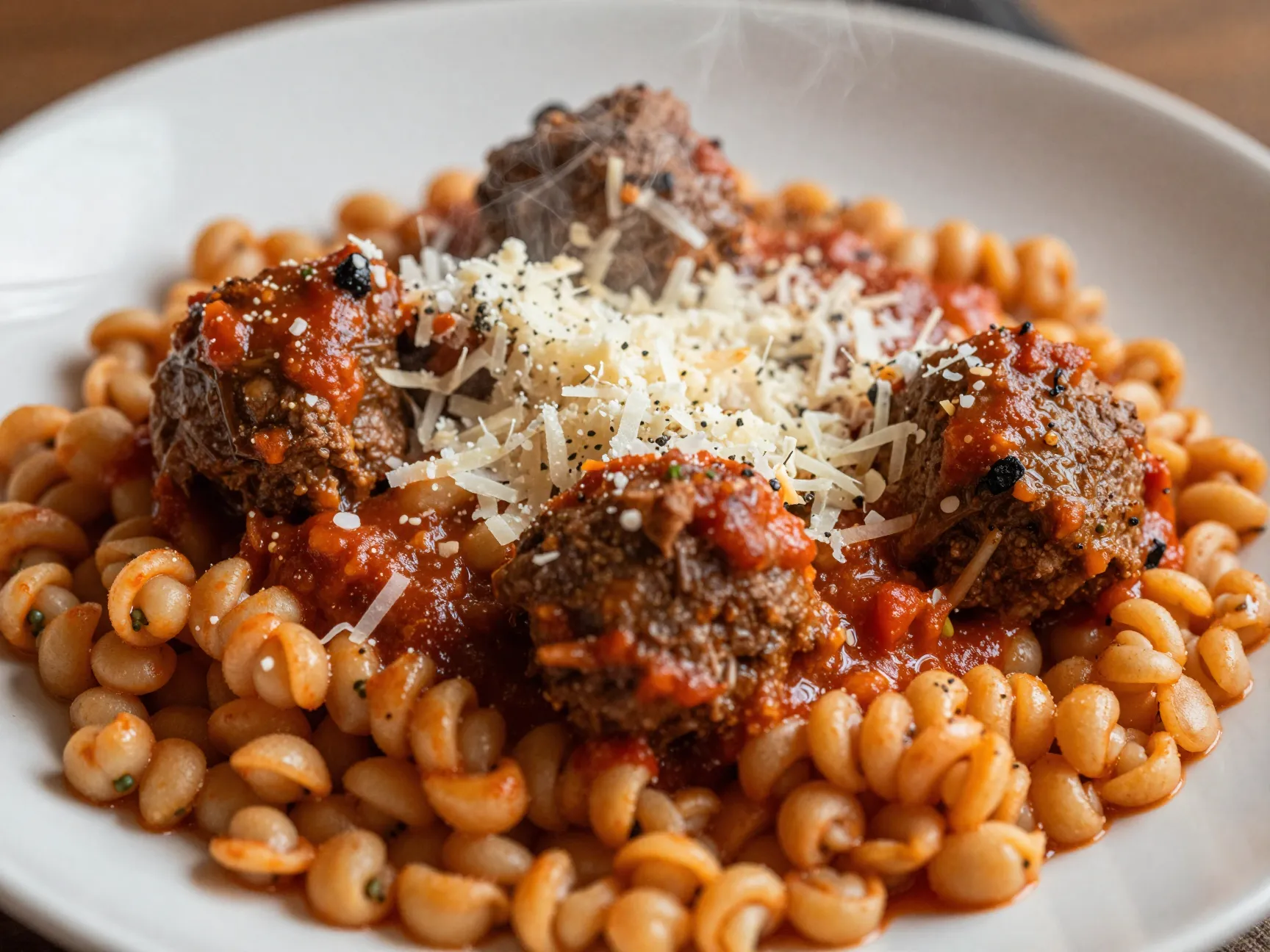 Lentil pasta with meatballs and marinara sauce