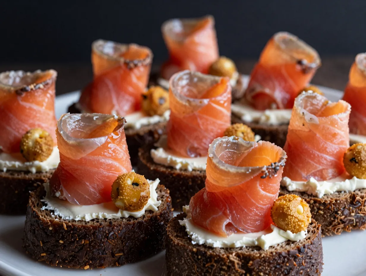 Pumpernickel bread canapes with salmon rosettes and fried caper berries