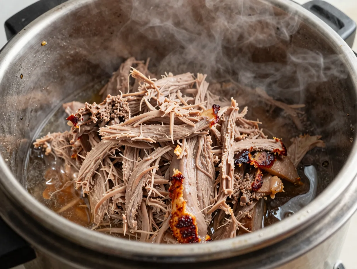 Shredded pulled pork in a pressure cooker pot