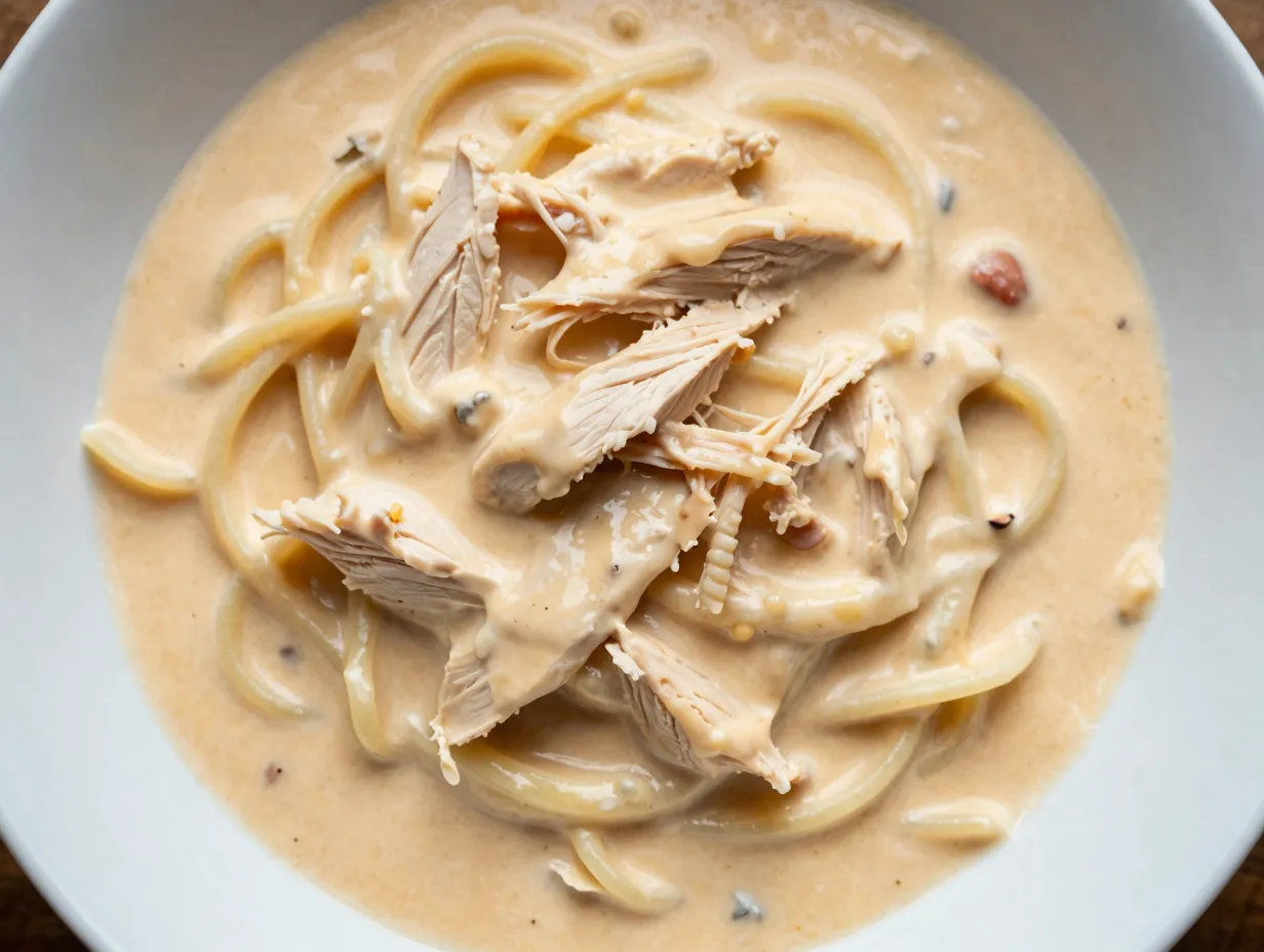 Creamy crockpot chicken spaghetti
