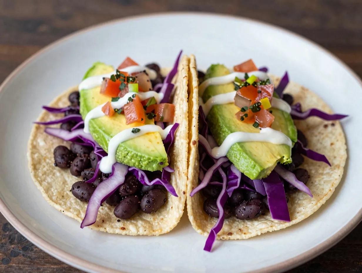 Two black bean tacos with cabbage avocado toppings