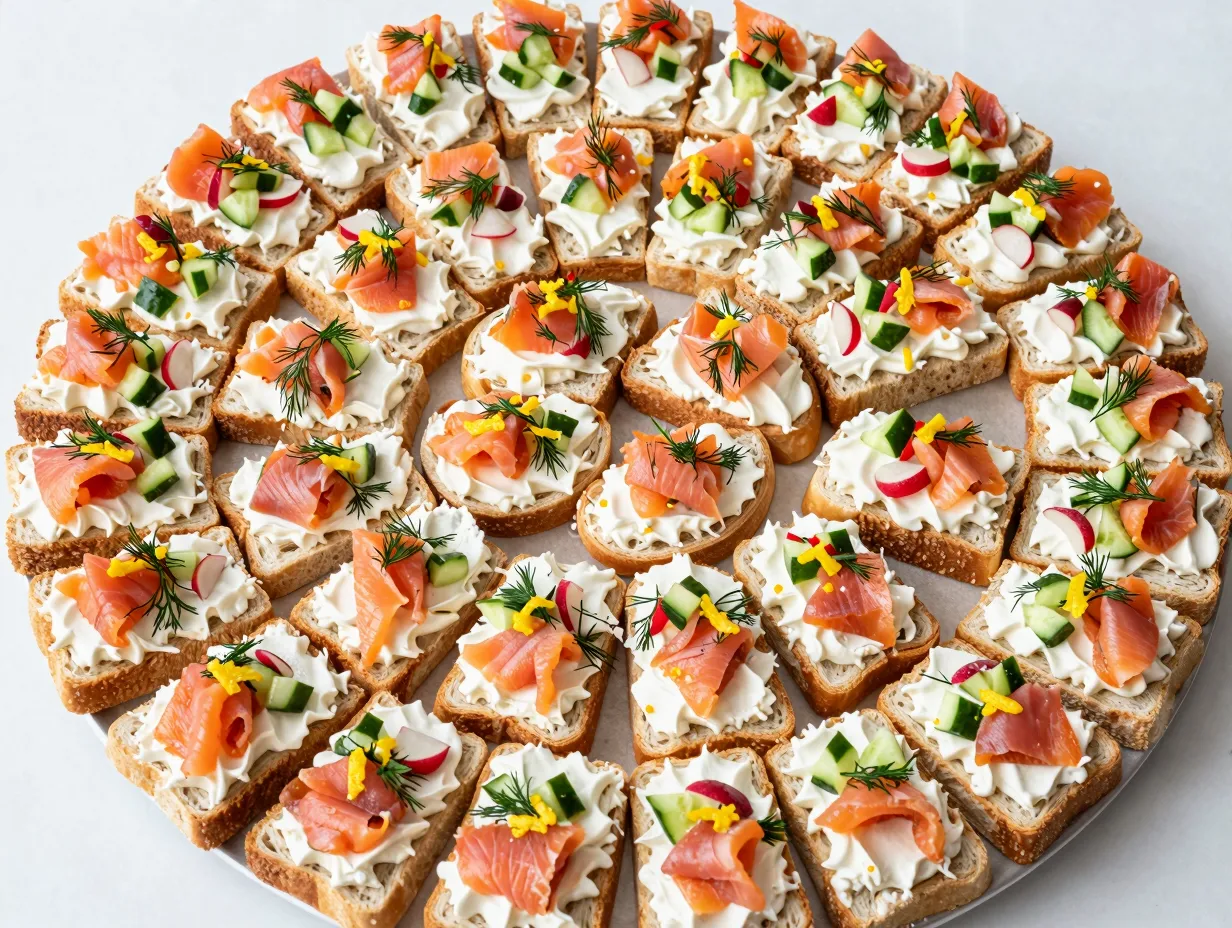Whipped cream cheese canapes on store bought toasts with vegetables
