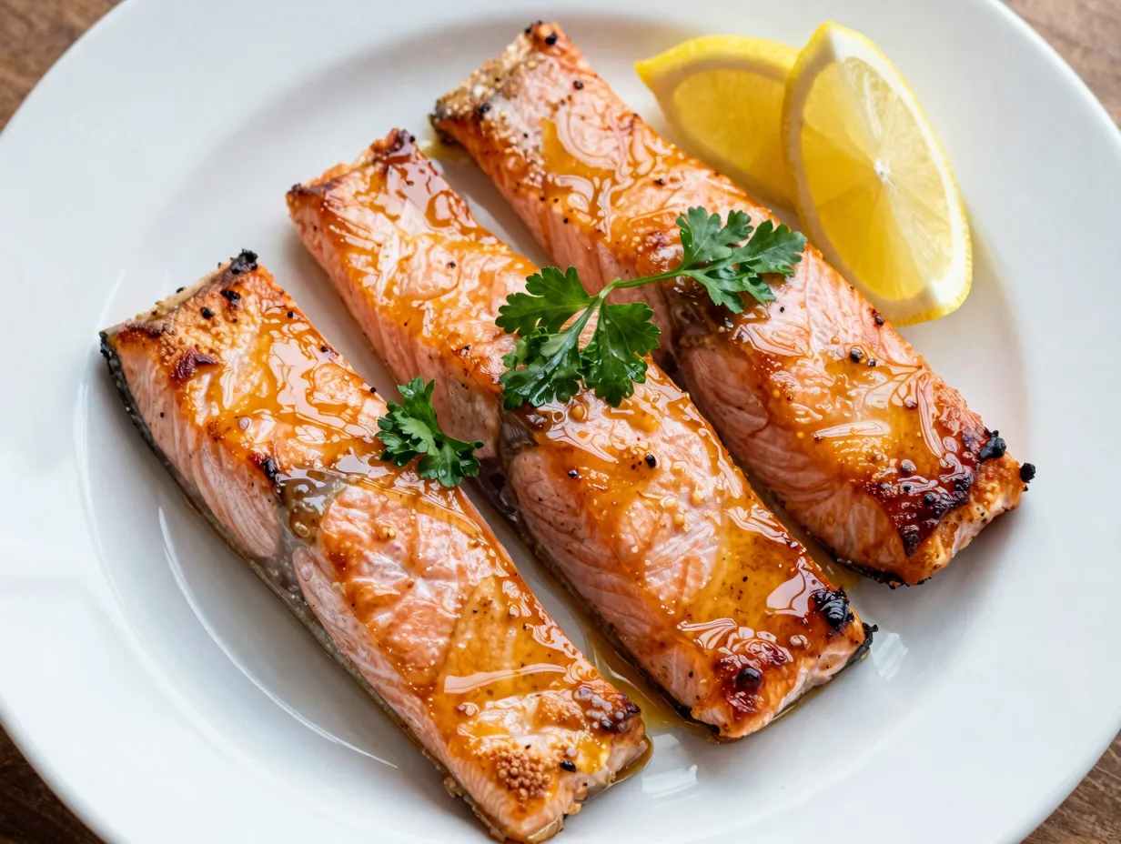 Golden roasted salmon fillets with tangy dijon mustard glaze