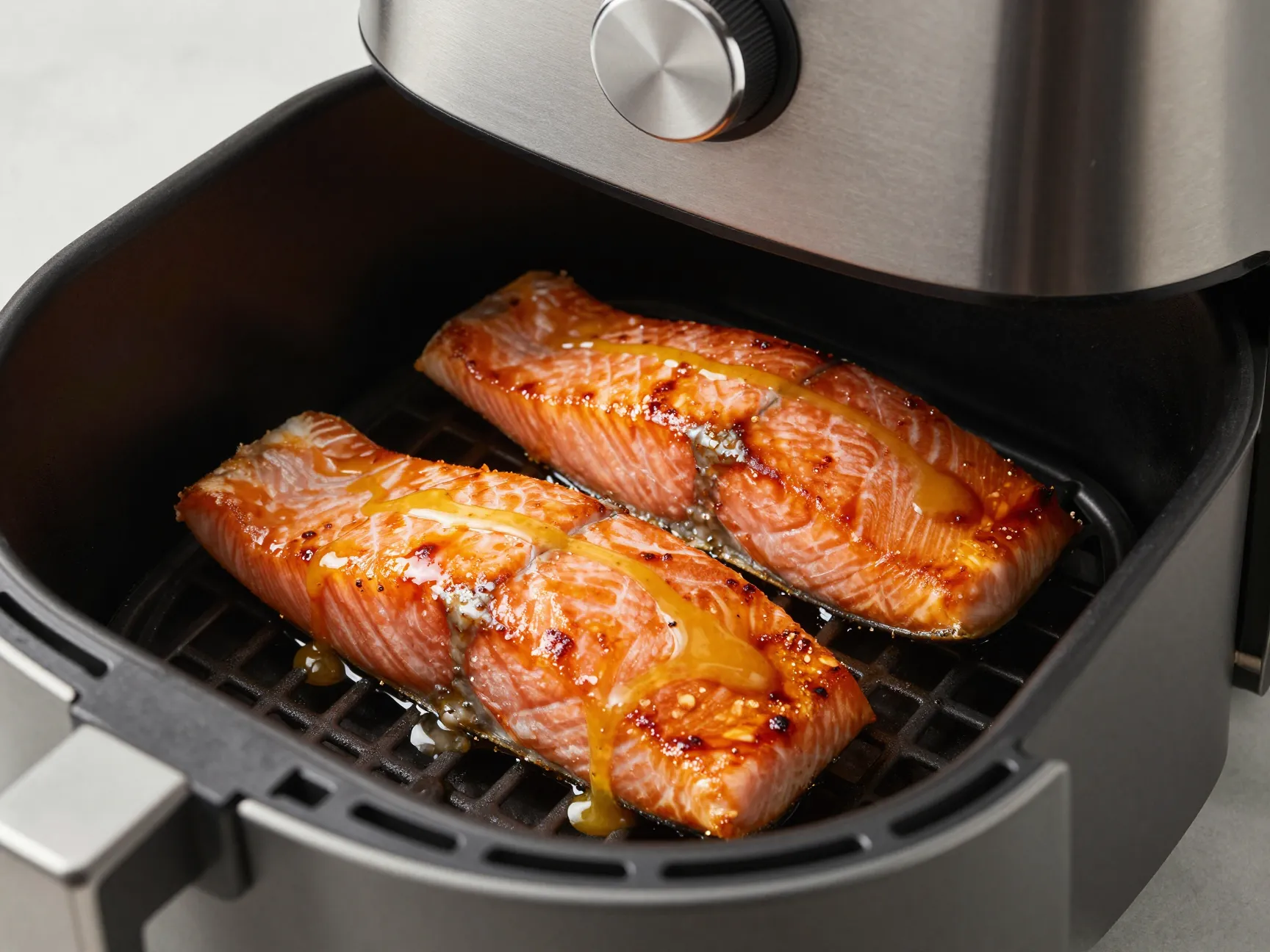 Air fryer salmon with a glossy maple and mustard coating