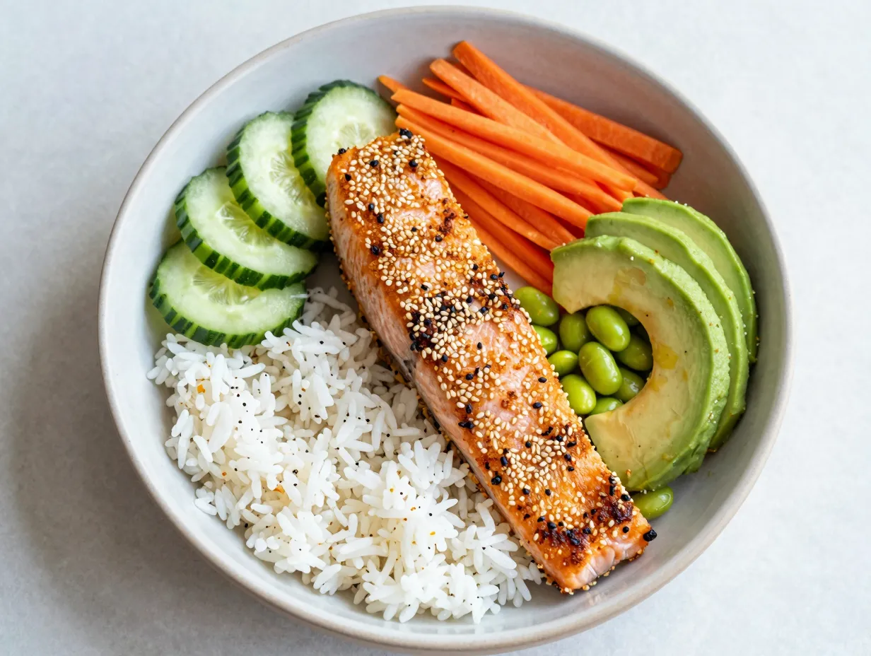 Sesame crusted salmon atop a vibrant asian inspired rice bowl