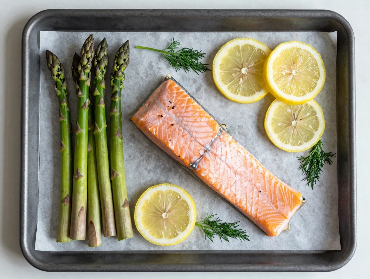 Sheet pan of lemon dill salmon and bright green asparagus