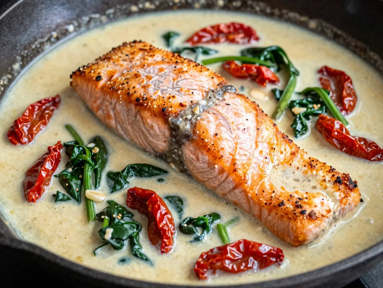 Pan seared salmon nestled in a rich creamy tuscan sauce