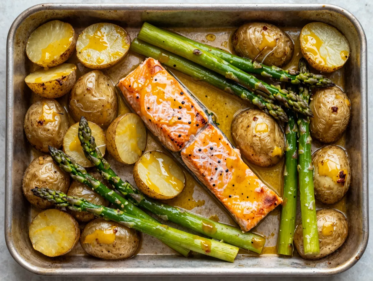 A complete sheet pan dinner with salmon potatoes and asparagus