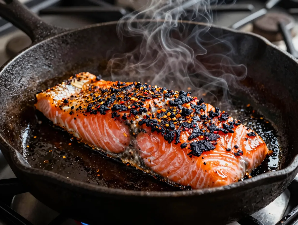 Blackened spice crusted salmon seared in a cast iron skillet