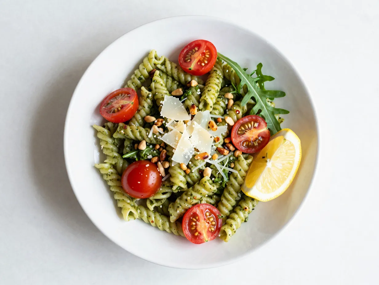 Quick and easy pasta pesto with arugula and tomatoes