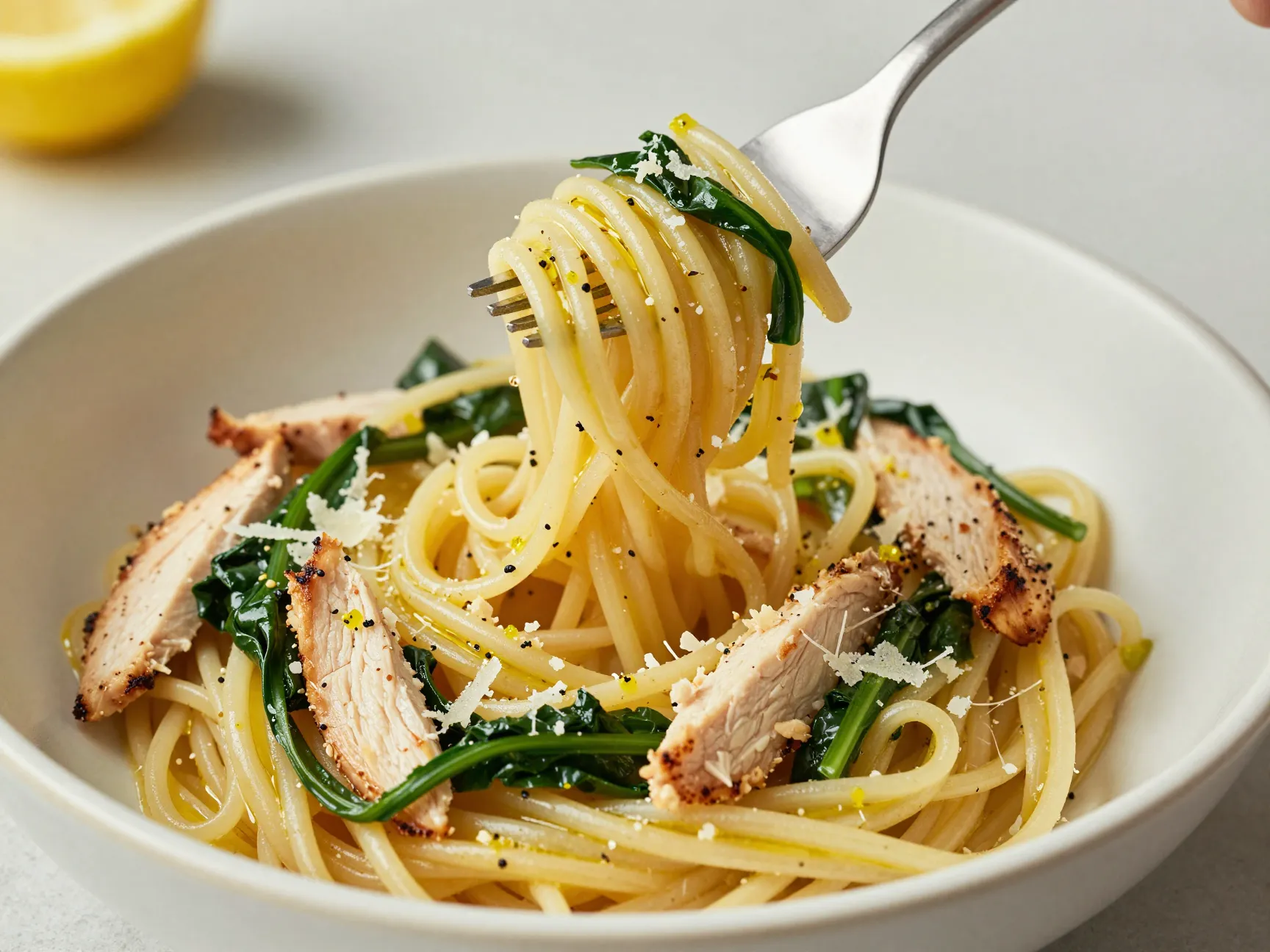 Lemon garlic chicken pasta twirls in a bright sauce