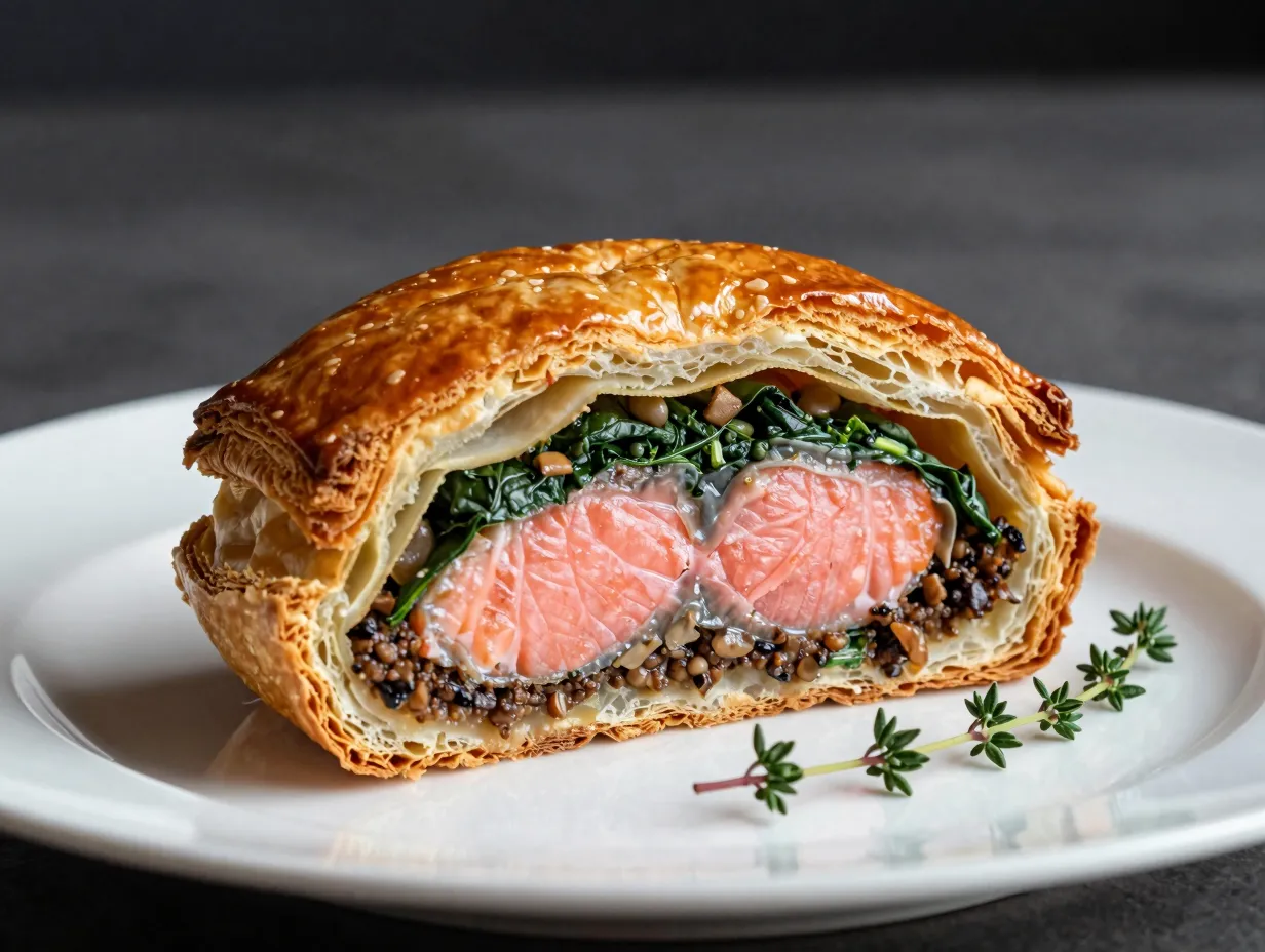 Salmon wellington with spinach and mushroom duxelles
