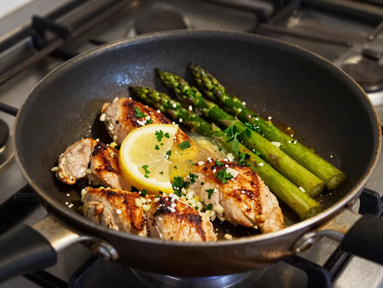Garlic butter chicken bites with lemon asparagus