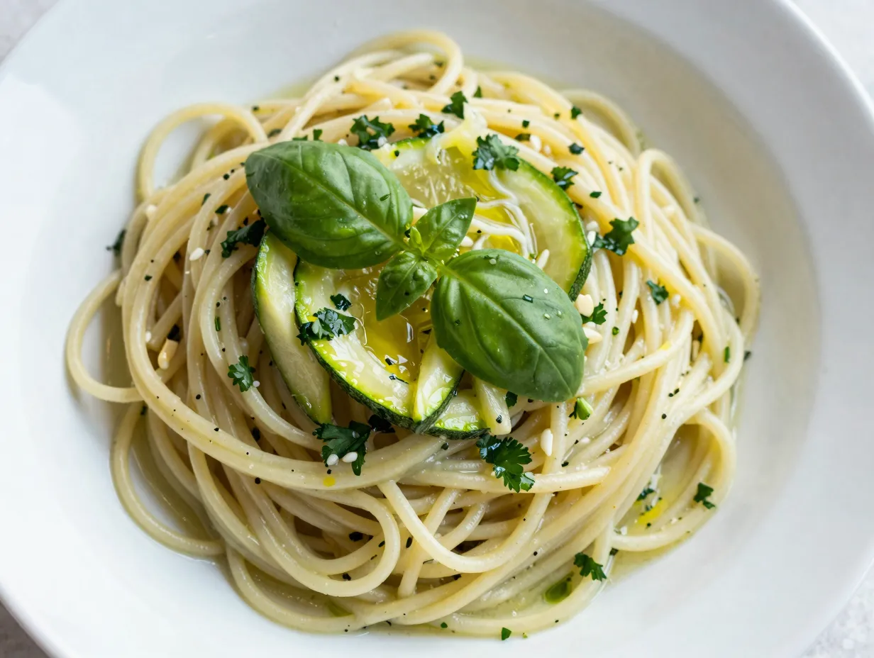 Zucchini spaghetti with herb pesto