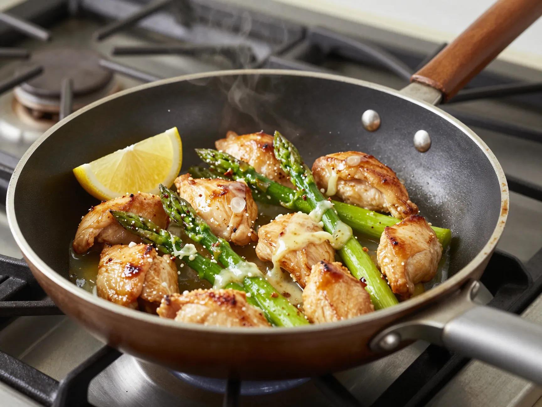 Garlic butter chicken bites with lemon asparagus sauté