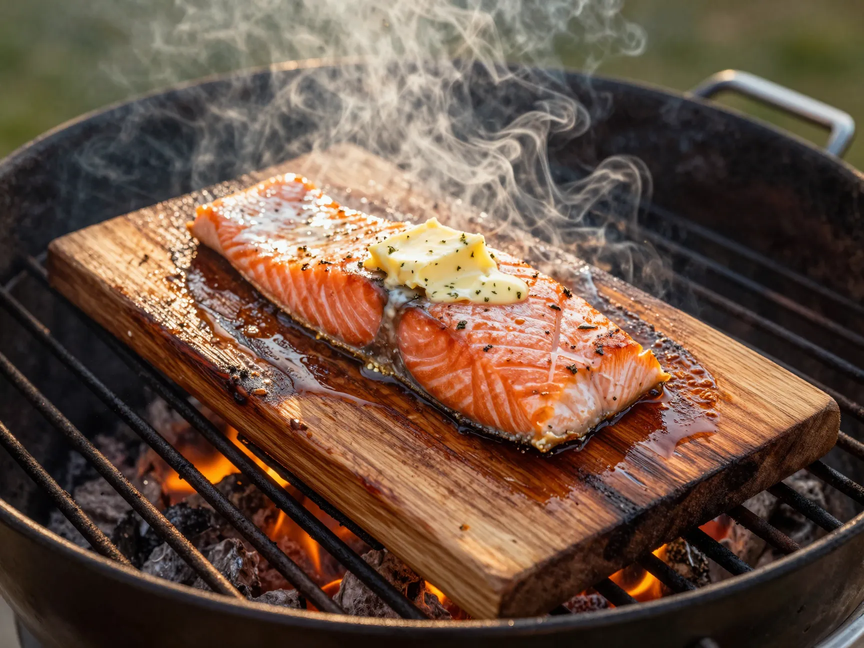 Cedar plank salmon with herb compound butter