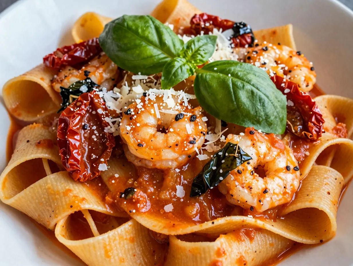 Garlic shrimp with sun dried tomatoes and basil