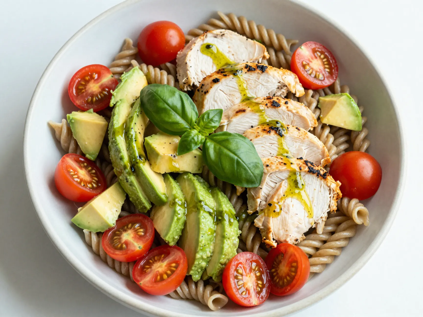 Healthy chicken pasta salad with avocado tomato and basil
