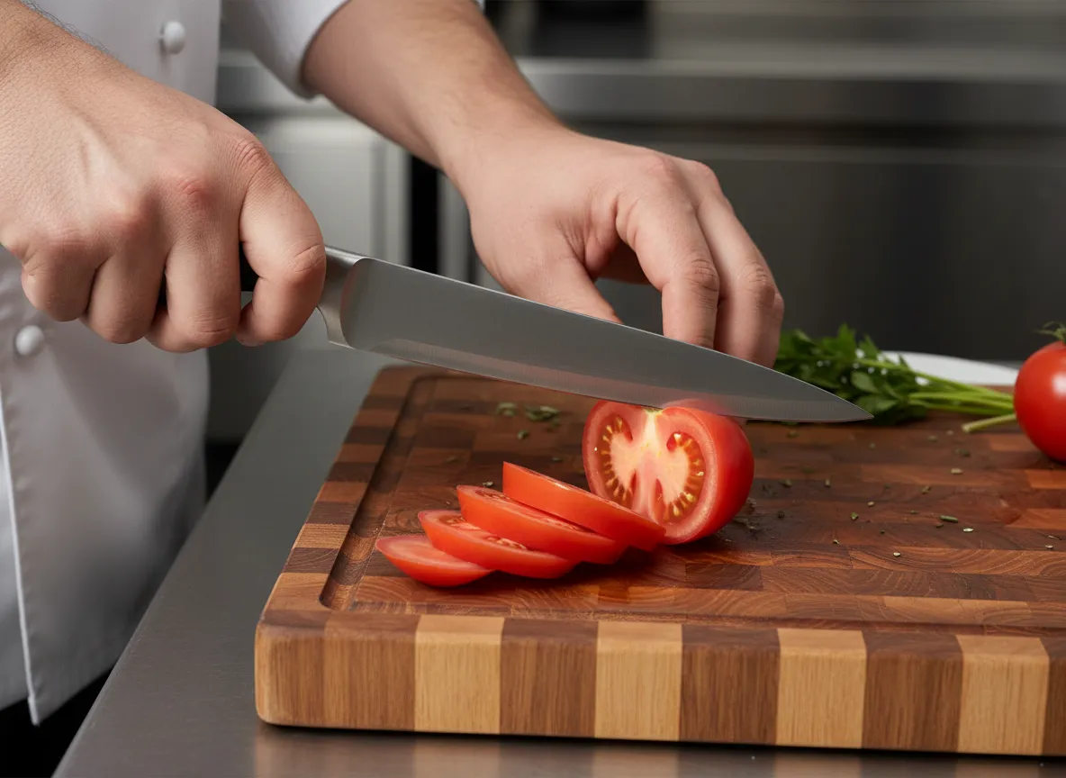 Keep a sharp knife it is the fastest tool in your kitchen