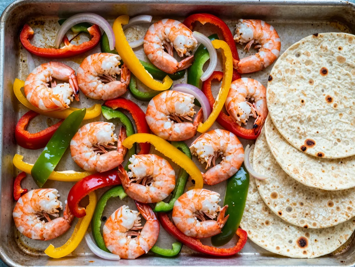 Sheet pan shrimp fajitas with colorful bell peppers