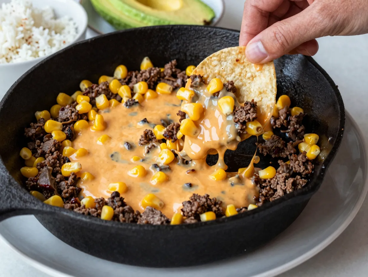 Beef and corn queso skillet
