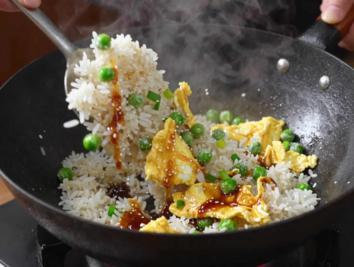 Egg fried rice sizzles in a hot wok with peas