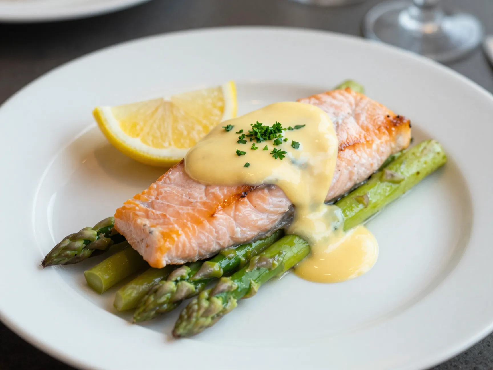 Poached salmon with hollandaise and asparagus