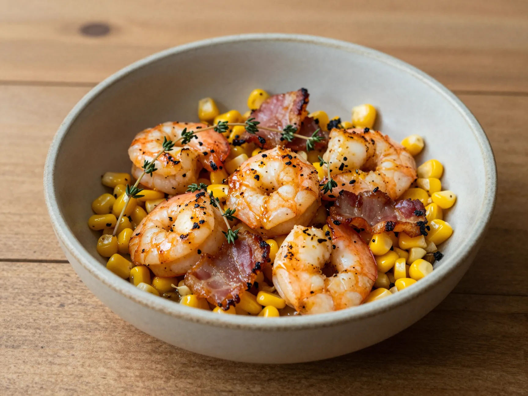 Garlic butter shrimp with bacon and corn