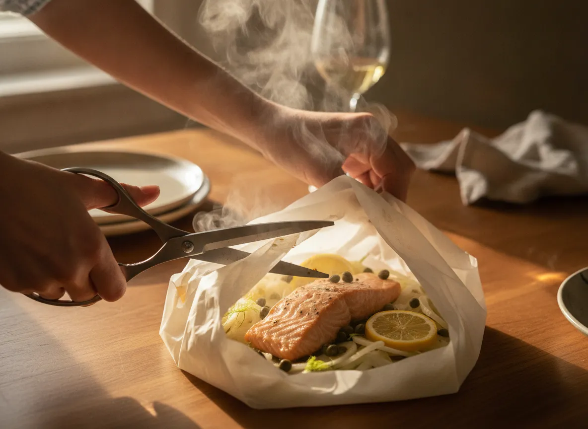 Salmon en papillote with fennel lemon and capers