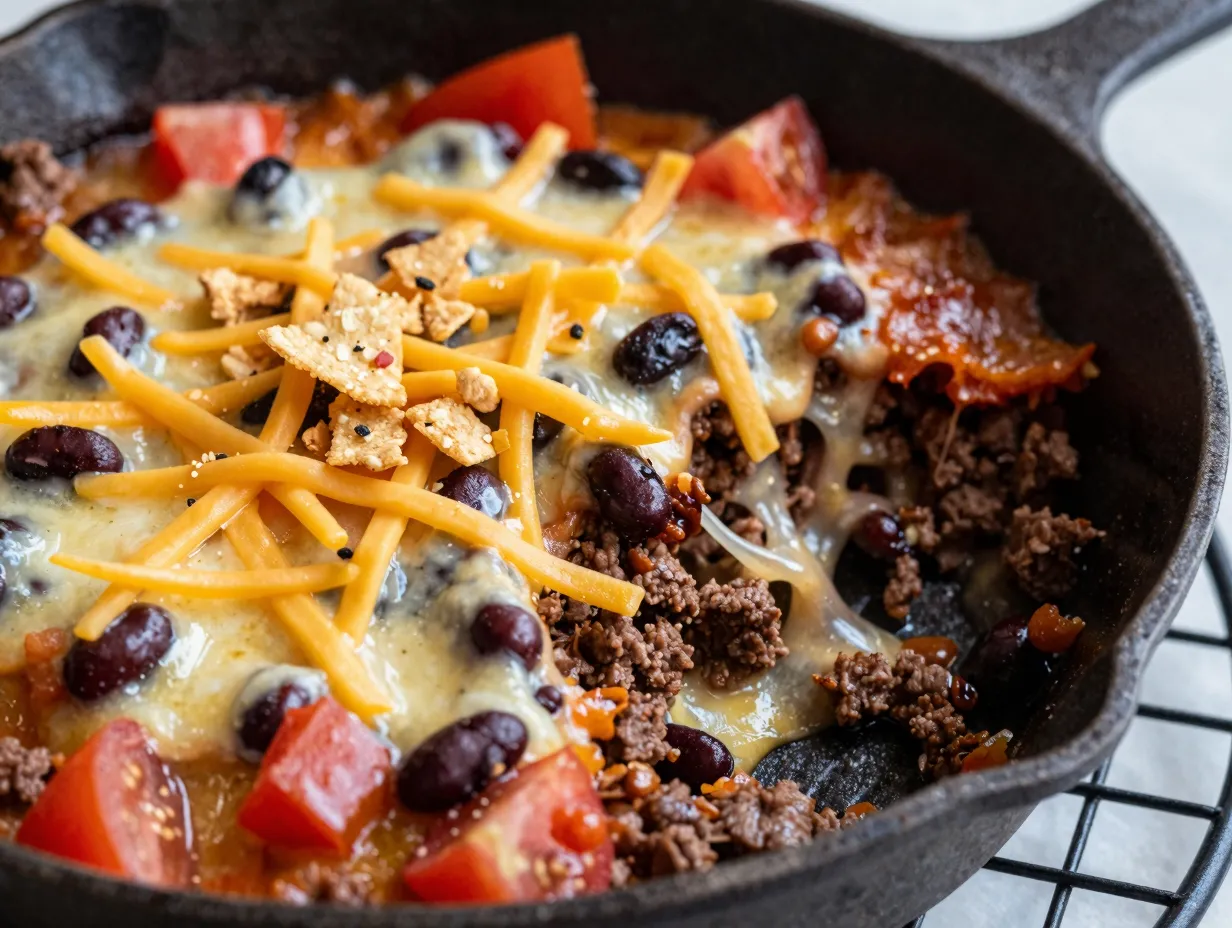 Taco casserole simmers with melted cheese in skillet