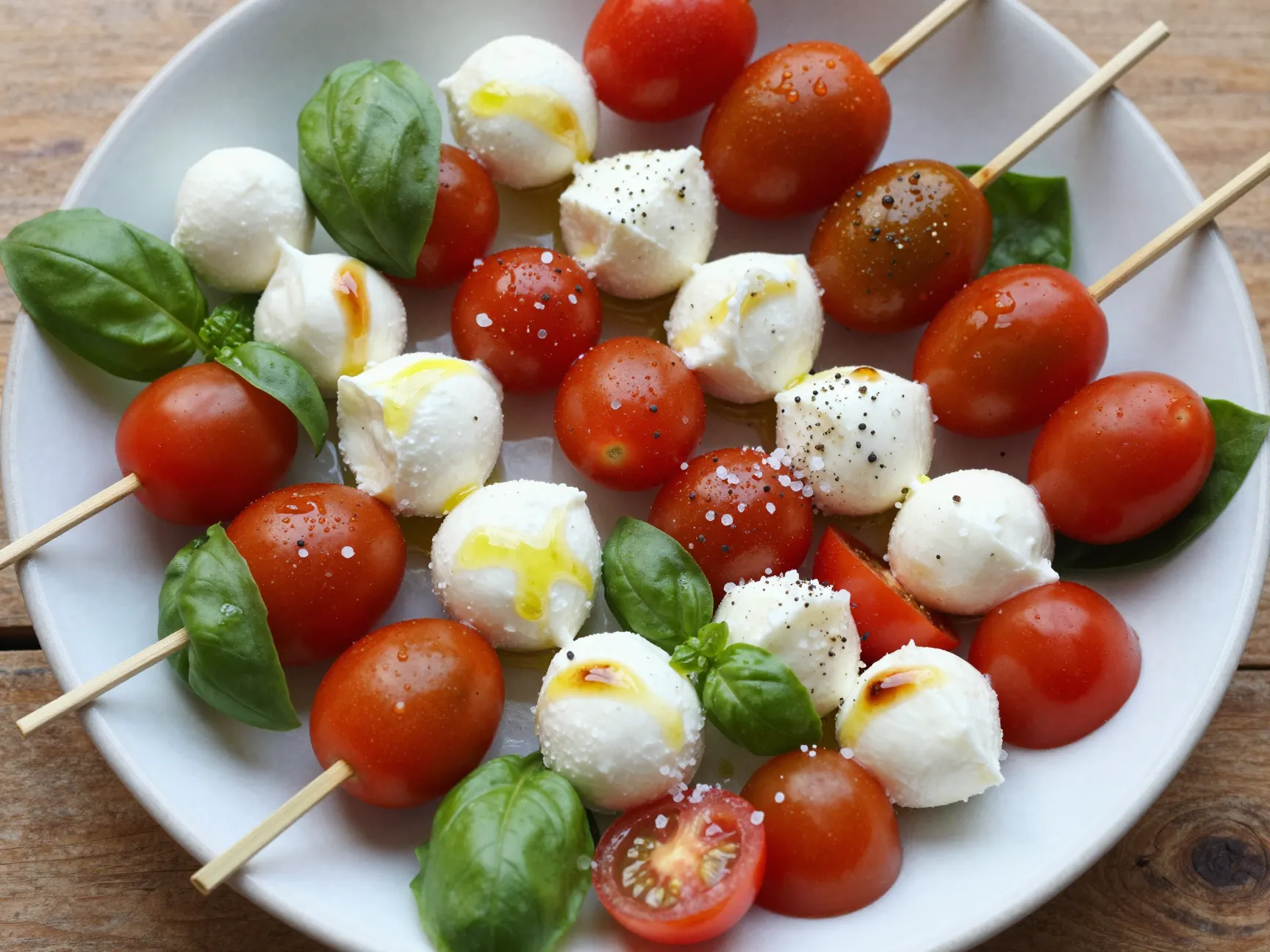 Bright cherry tomato mozzarella basil on skewers with drizzle