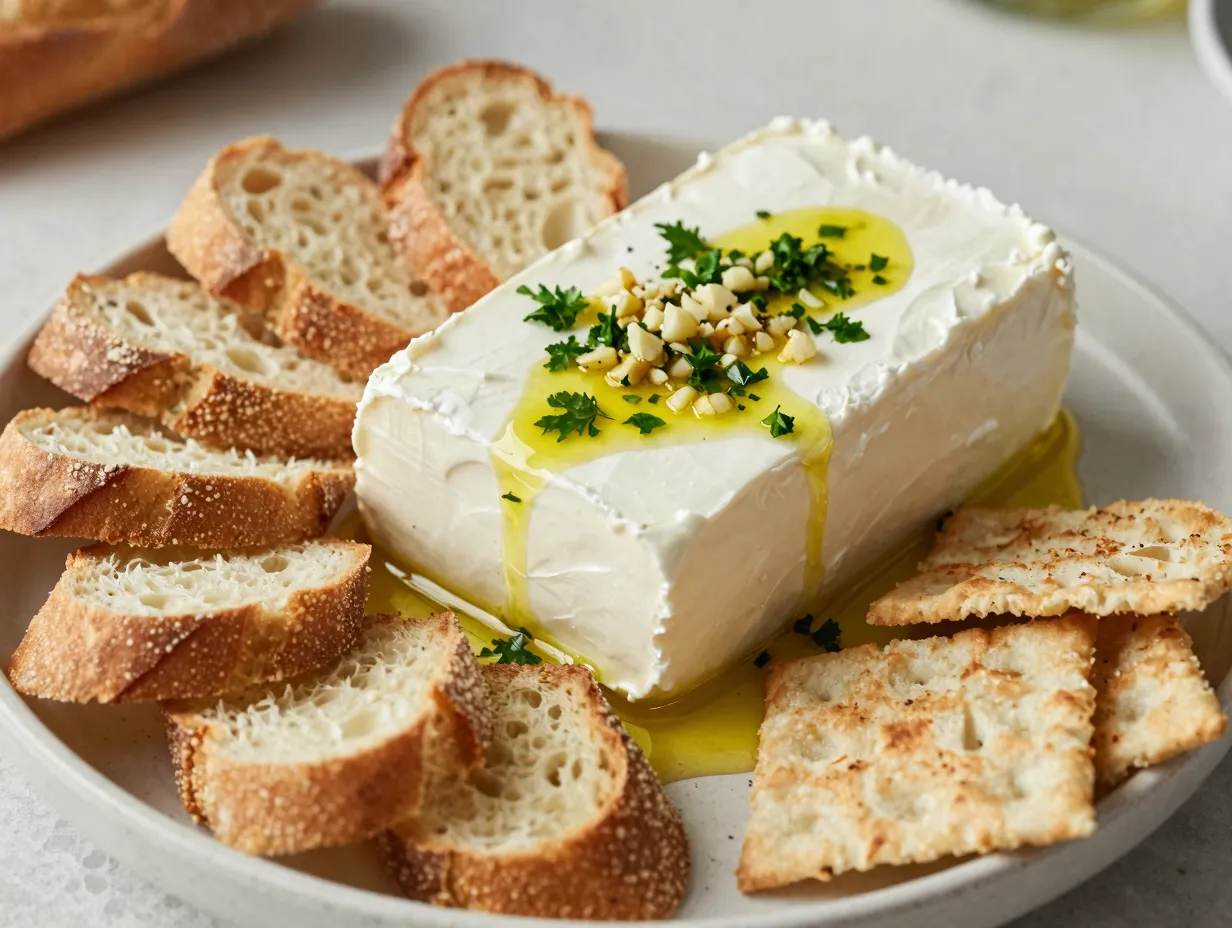 Creamy goat cheese log topped with herb and garlic dressing