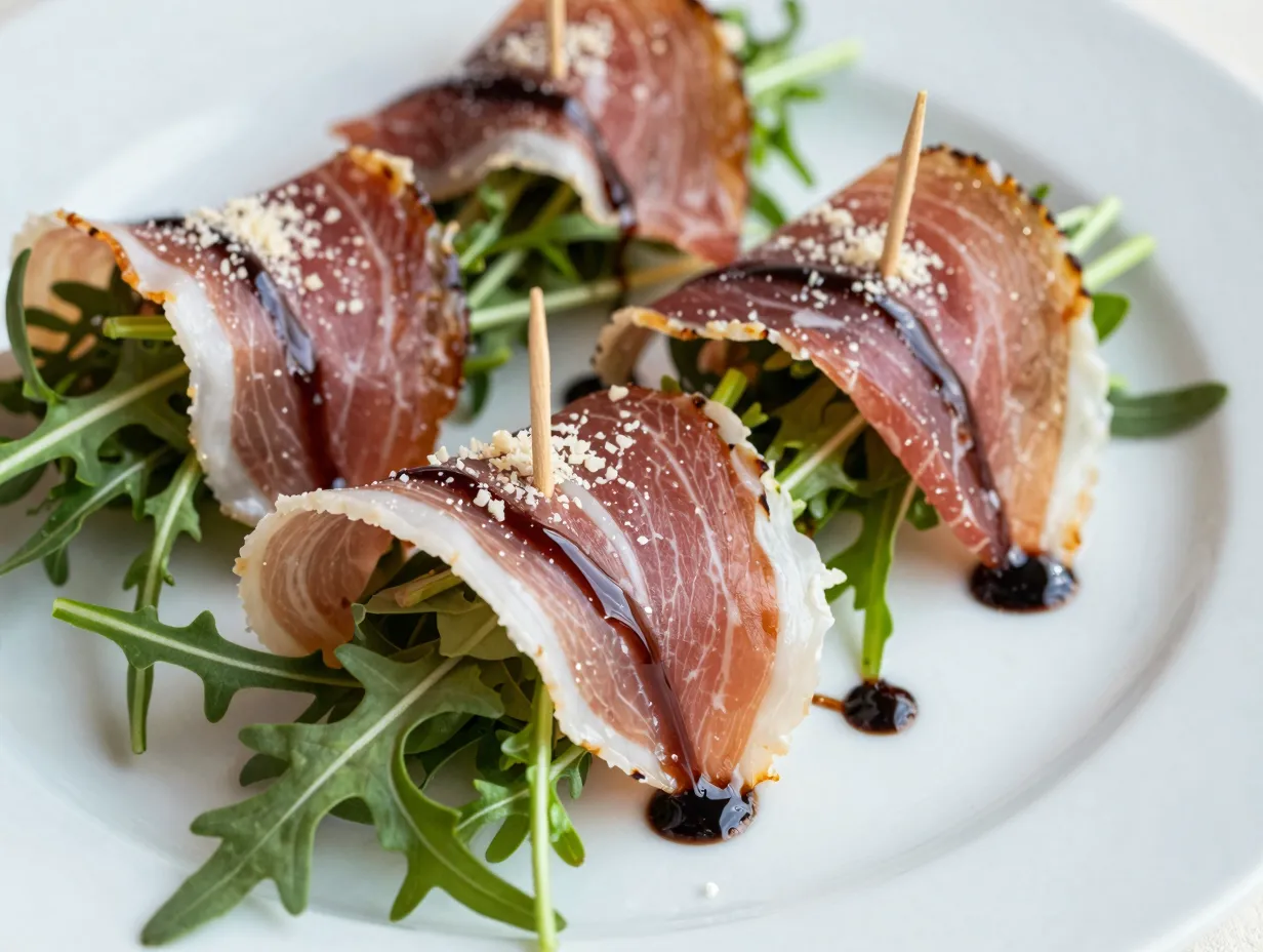 Thin prosciutto slices tightly wrapped around dressed arugula