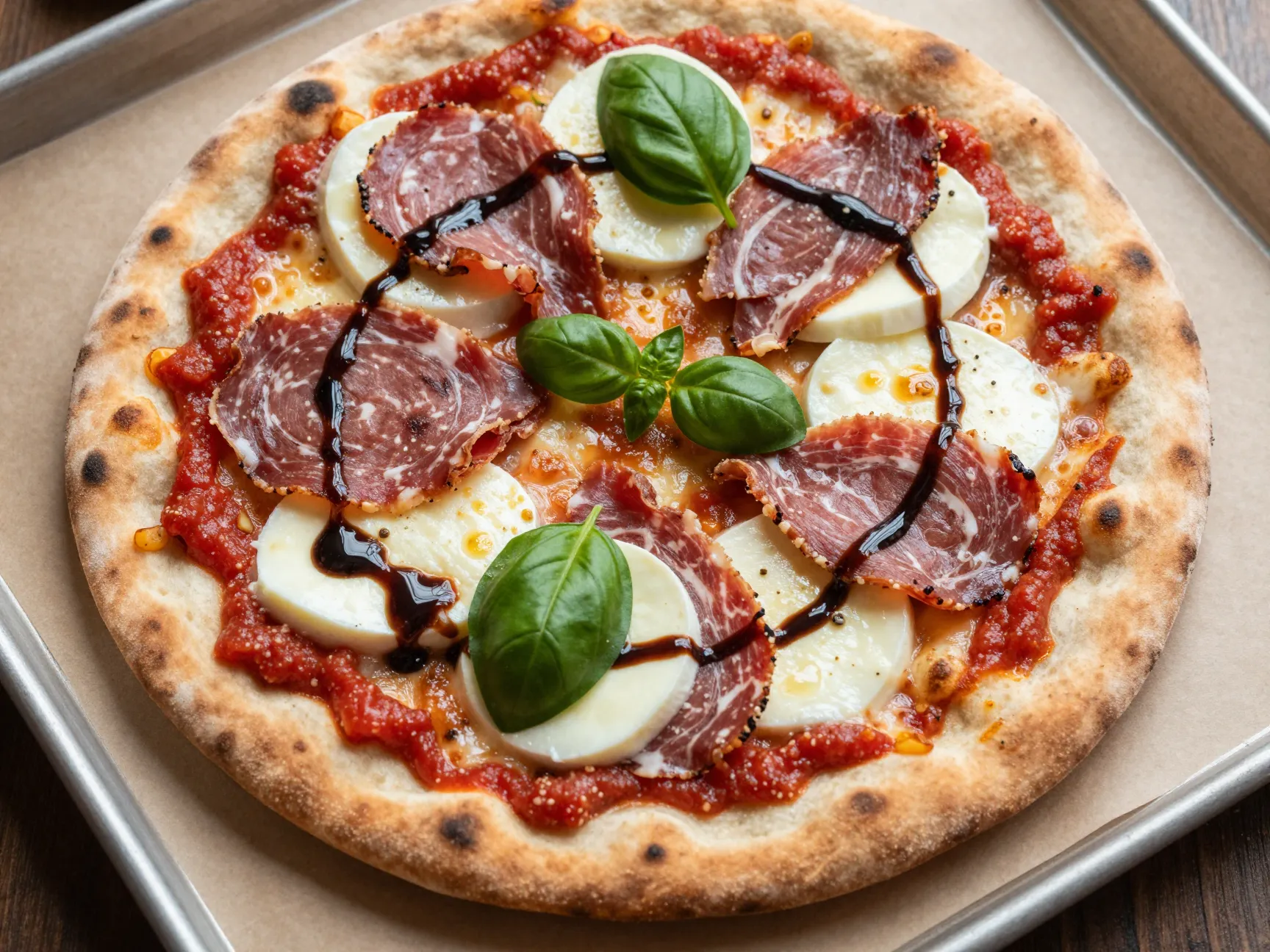 Baked flatbread layered with sauce cheese and cured meats